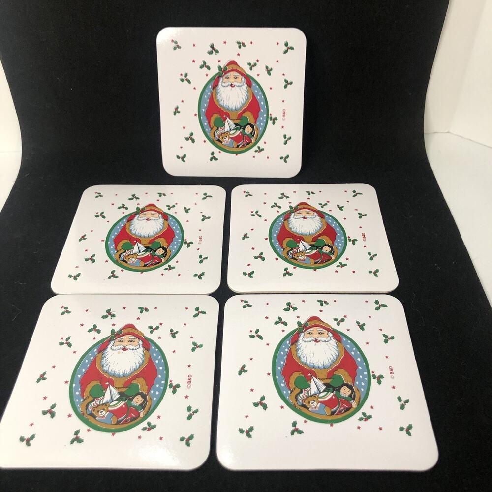 vintage 90s christmas B&D square santa white holly and toys coasters 4‎ inch